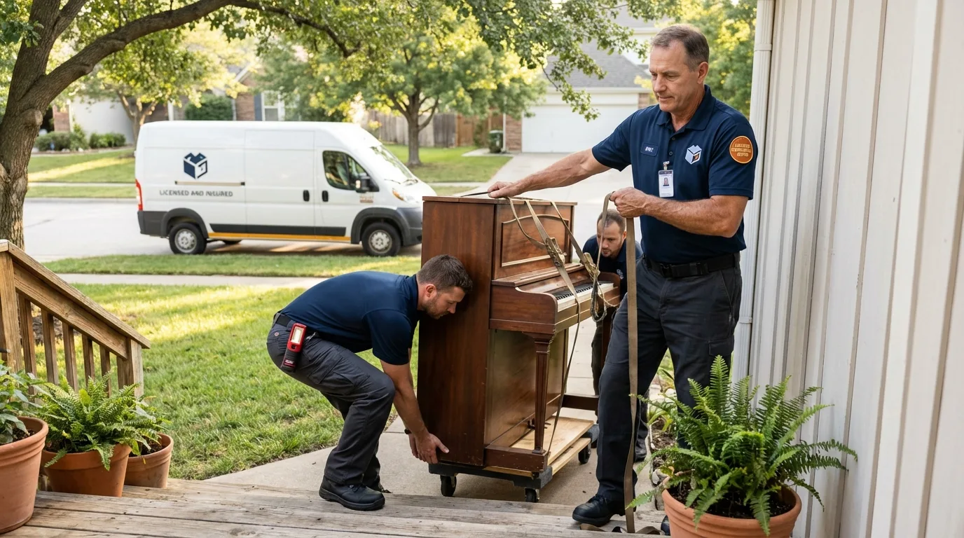 Licensed piano movers securing grand piano in Goreville, IL