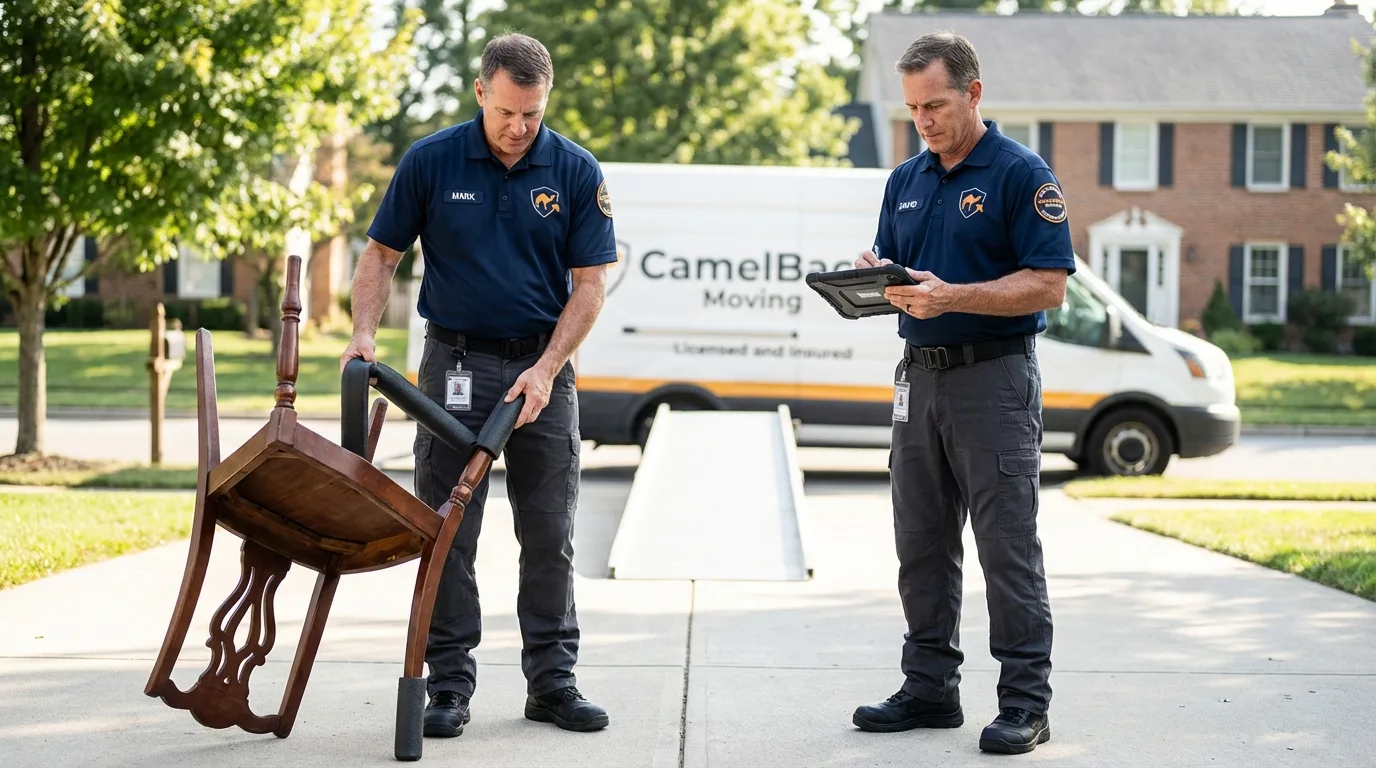 Movers inspecting furniture for damage prevention before loading in Goreville, IL