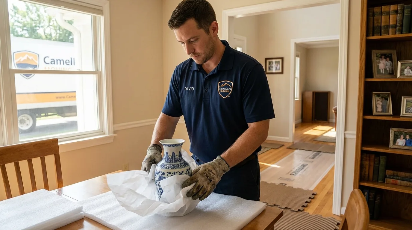 Professional crew carefully wrapping antique vase for senior downsizing move in Goreville, IL